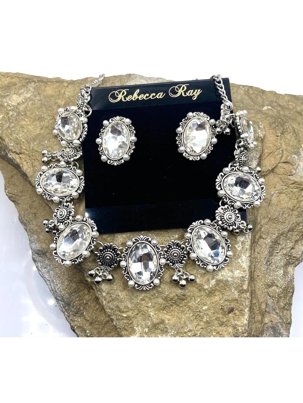 Rebecca Ray Vintage Style Clear Crystal Necklace & Earrings